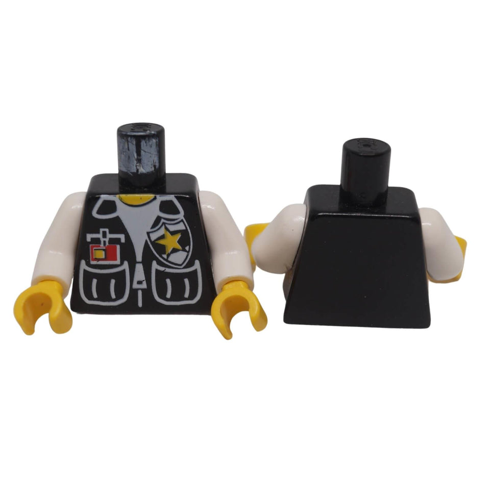 LEGO® police torso 973px67c01 shown front and back with white shirt, police vest, ID detail, yellow star badge and white arms