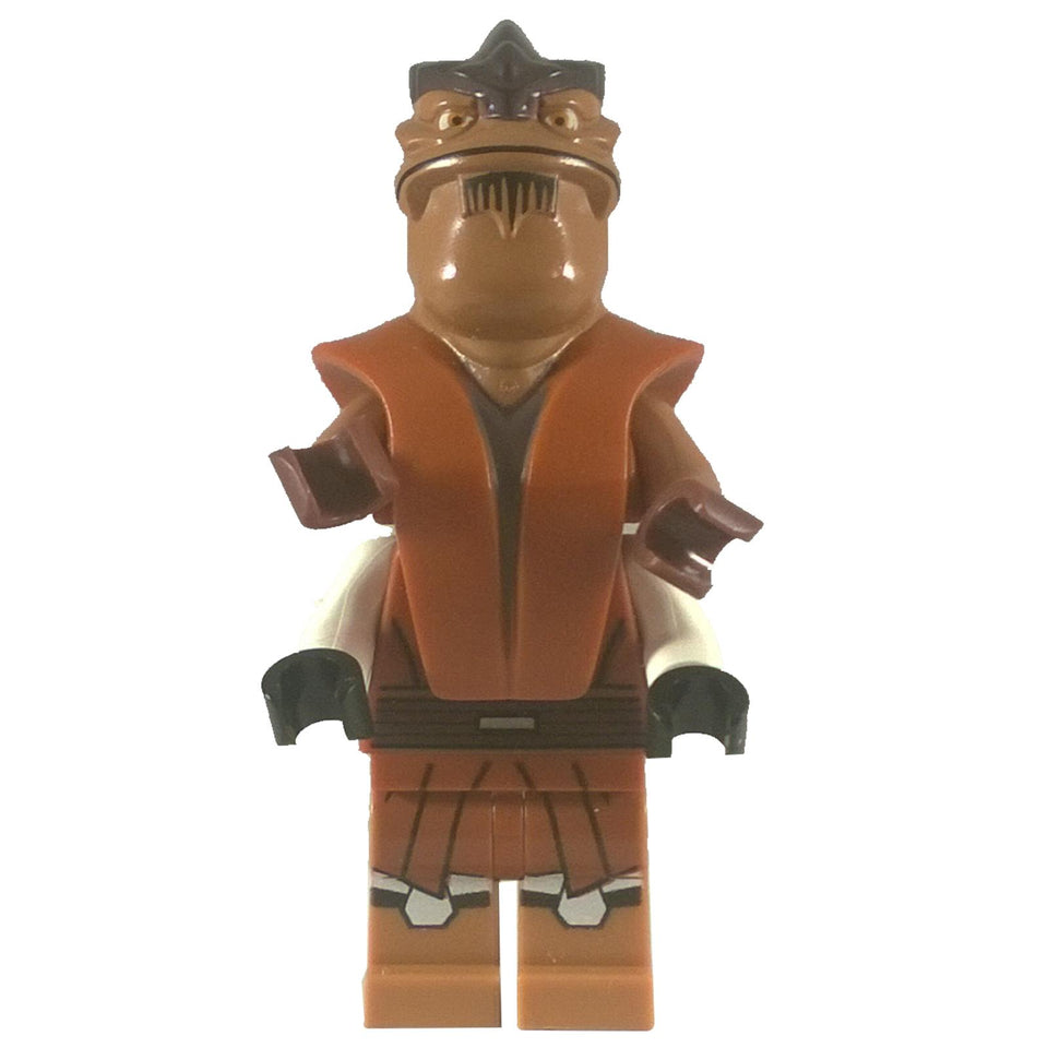 Pong Krell minifigure front view with brown and orange outfit, four arms, and horned head
