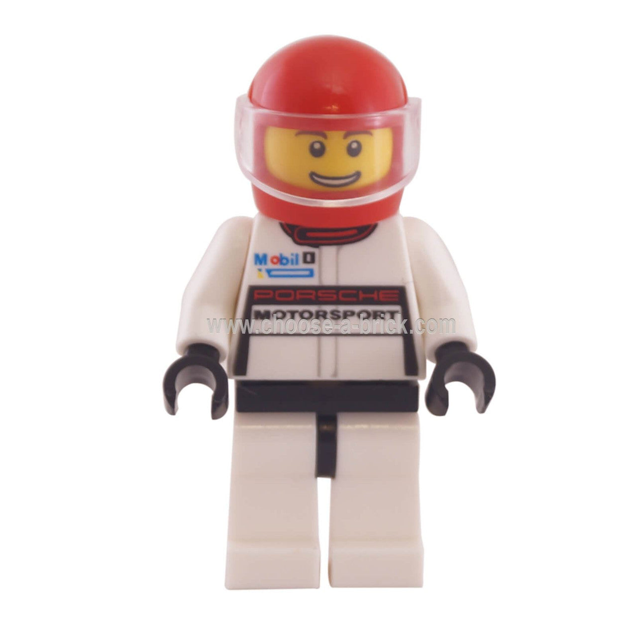 LEGO Speed Champions Porsche Motorsport race car driver minifigure shown from the front. The figure wears a white racing suit and a red helmet.