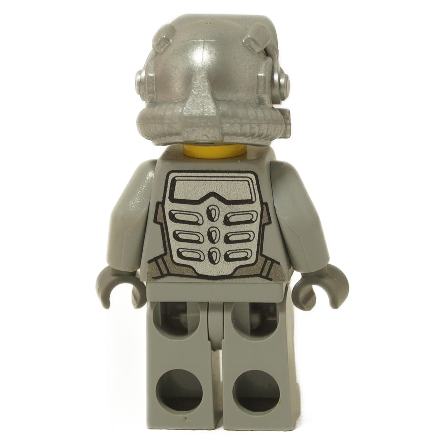 LEGO® Power Miner Duke minifigure back view wearing gray mining outfit with printed back armor detail close-up