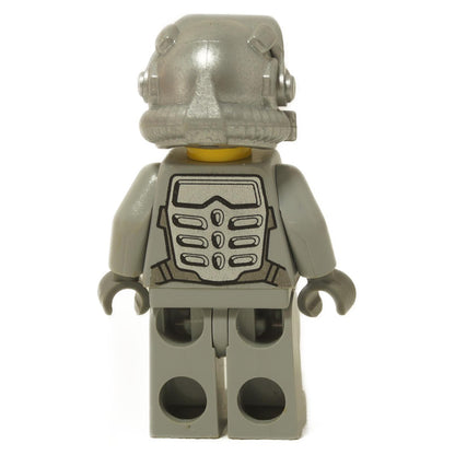 LEGO® Power Miner Duke minifigure back view wearing gray mining outfit with printed back armor detail close-up