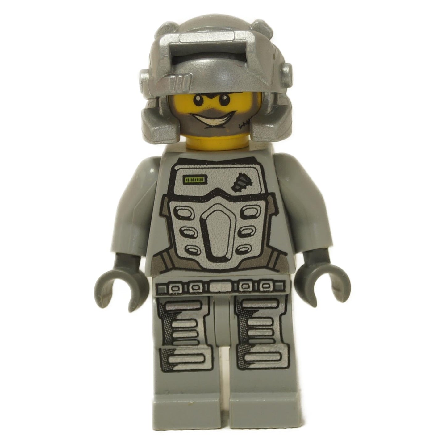 LEGO® Power Miner Minifigure - Gray armor with tactical chest printing, silver helmet with visor, rugged face print, and black gloves.
