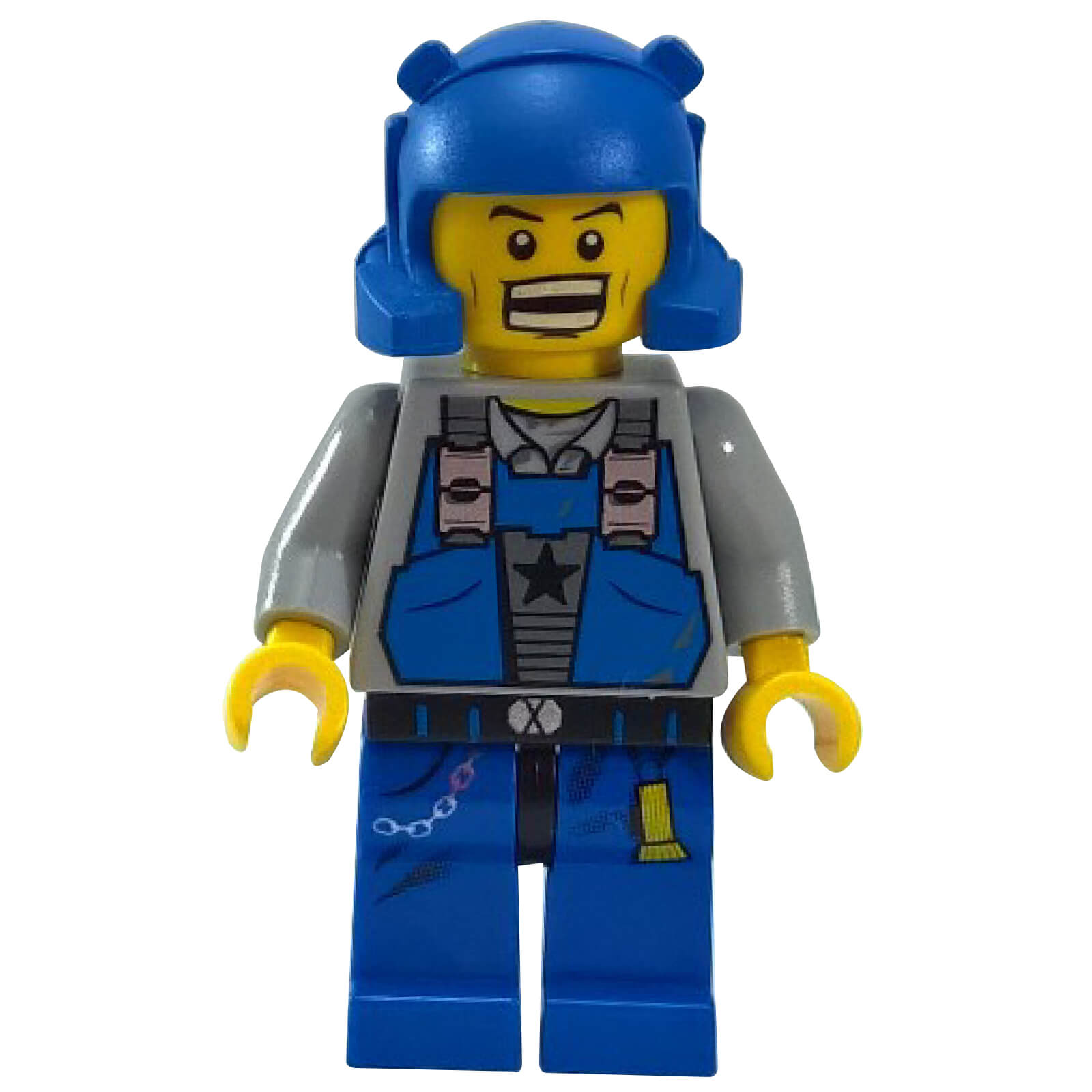 LEGO® Power Miners Doc minifigure pm033 wearing a blue helmet and blue mining uniform, front view