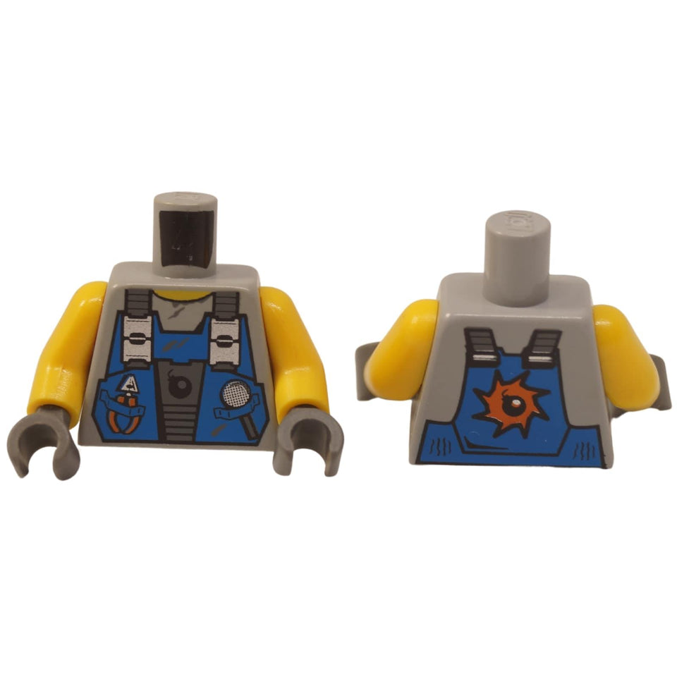 LEGO® Power Miners torso 973pb0550c01 shown front and back with blue utility vest, printed tools, yellow arms and rear explosive-device graphic
