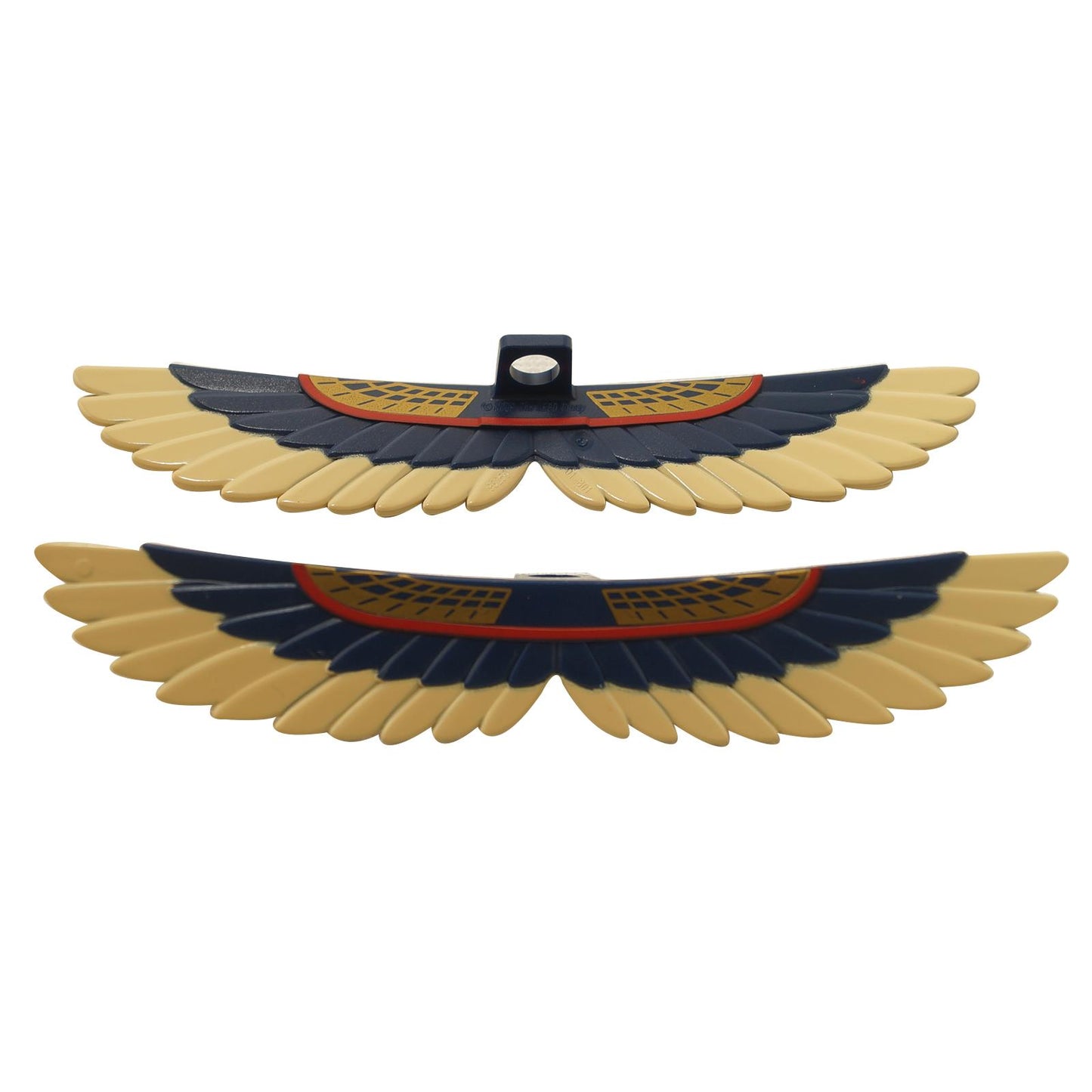 Two tan LEGO wings (93250pb01) with dark blue feathers and red/gold patterned decoration, featuring a neck attachment point.