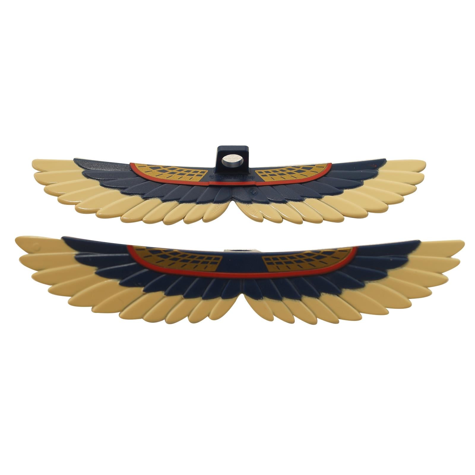 Two tan LEGO wings (93250pb01) with dark blue feathers and red/gold patterned decoration, featuring a neck attachment point.
