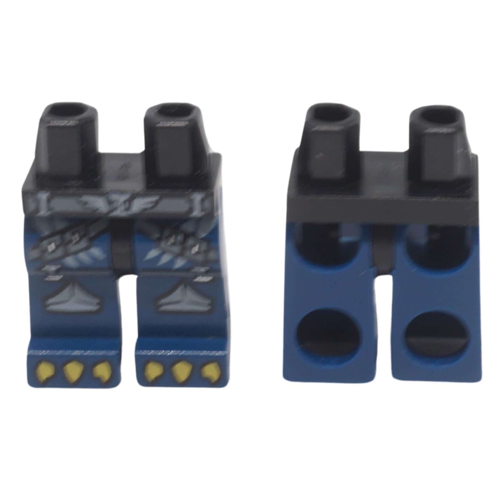 LEGO® printed minifigure hips and dark blue legs 970c63pb04 with grey strap armour and yellow talon pattern shown from front and back