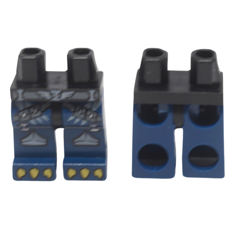 LEGO® printed minifigure hips and dark blue legs 970c63pb04 with grey strap armour and yellow talon pattern shown from front and back