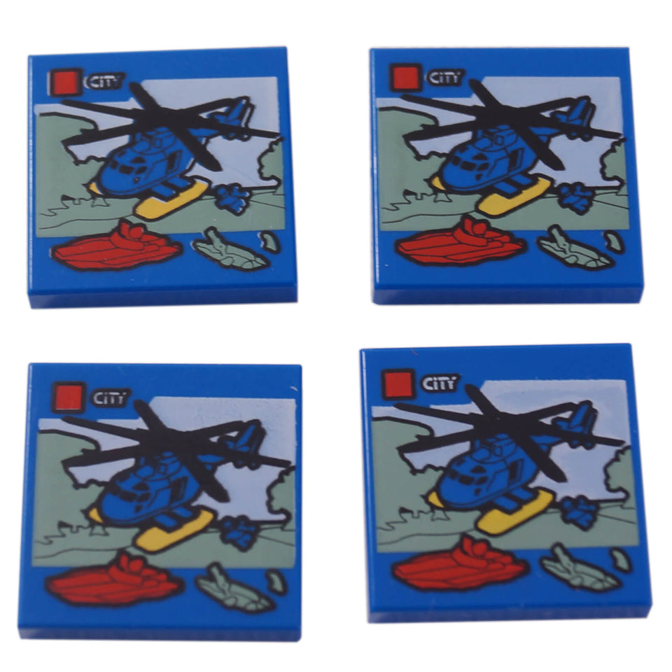 LEGO® Printed Tile 2 x 2 with blue helicopter and CITY set box illustration