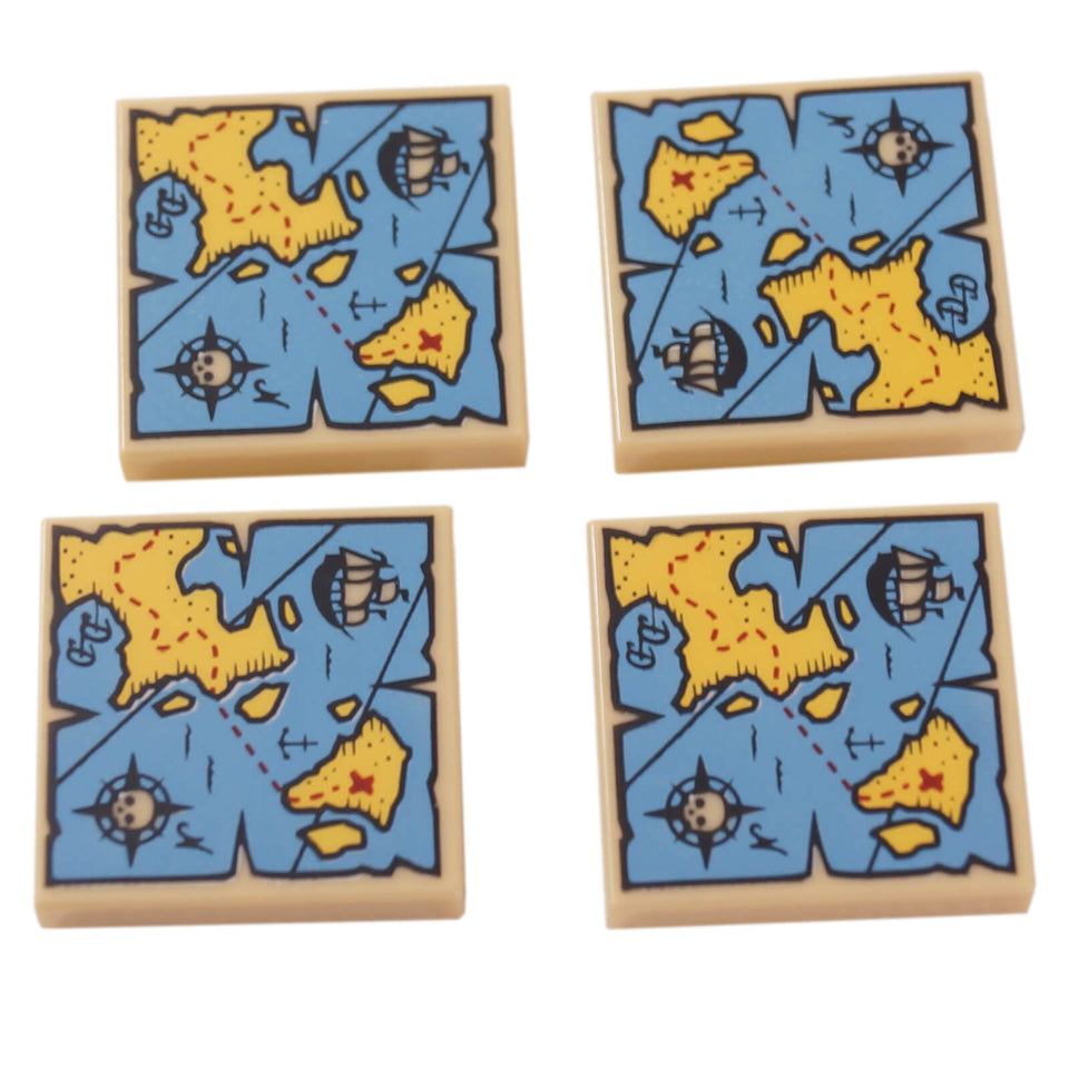 LEGO® tan printed 2 x 2 treasure map tile with islands, sailing ship and red X