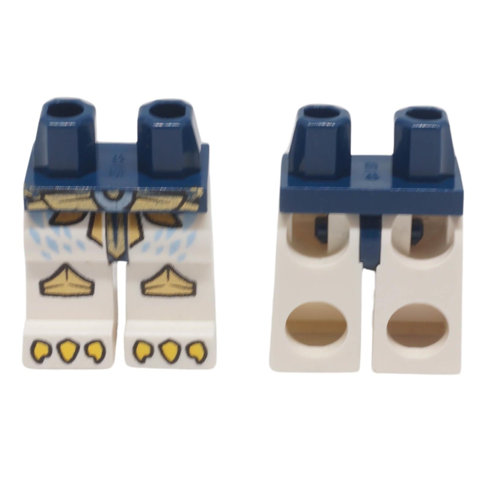 LEGO® printed minifigure hips and white legs 970c01pb15 with gold armour, feather-inspired details and talon pattern shown from front and back