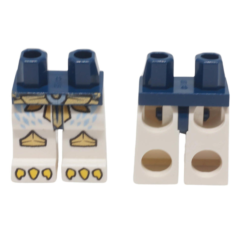 LEGO® printed minifigure hips and white legs 970c01pb15 with gold armour, feather-inspired details and talon pattern shown from front and back