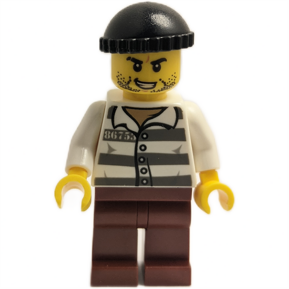 LEGO Jail Prisoner cty1156 with stripes, black cap, and stubble.