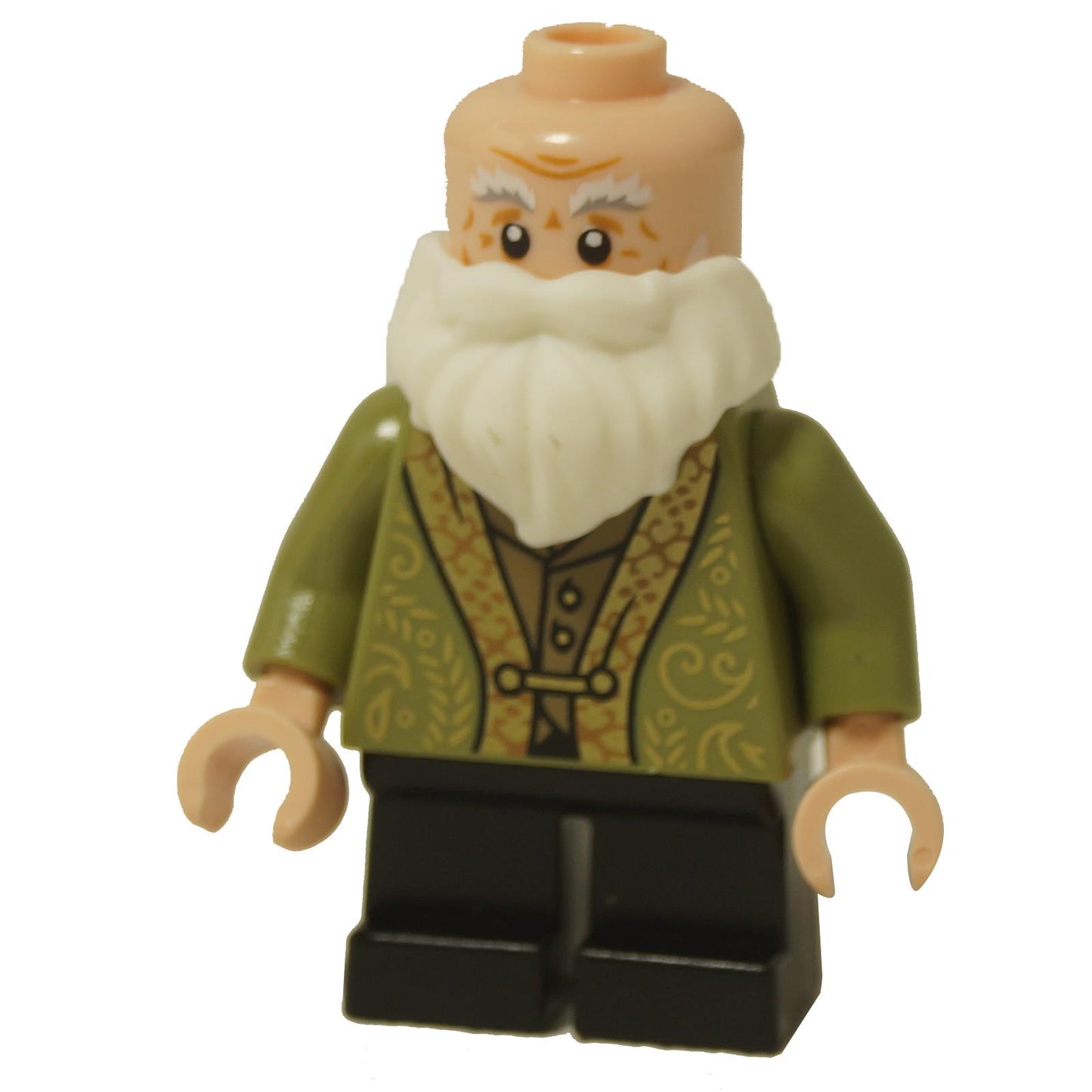 Minifigure LEGO Professor Filius Flitwick (hp524) che indossa il suo completo verde oliva a motivo con una grande barba bianca e gambe nere corte.