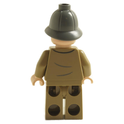 Rear view of Professor Henry Jones Sr. minifigure iaj047 wearing brown jacket and dark hat