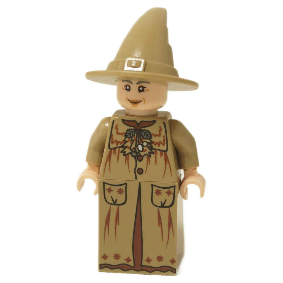 LEGO Harry Potter Professor Pomona Sprout minifigure (hp131) wearing her tan, printed robes and a pointed tan witch's hat, shown from the front.