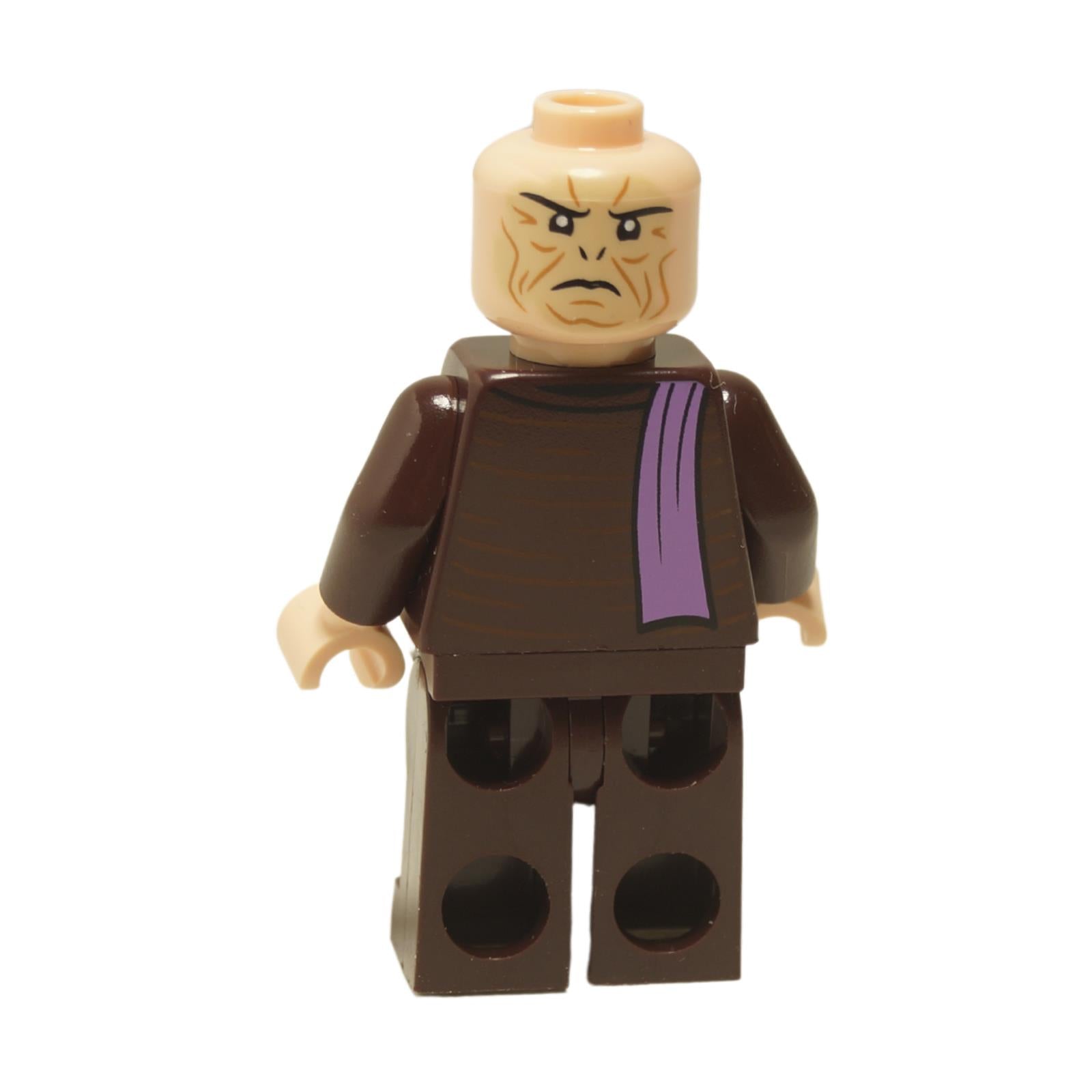 Professor Quirinus Quirrell minifigure with dark brown robe and stern wrinkled face expression without turban