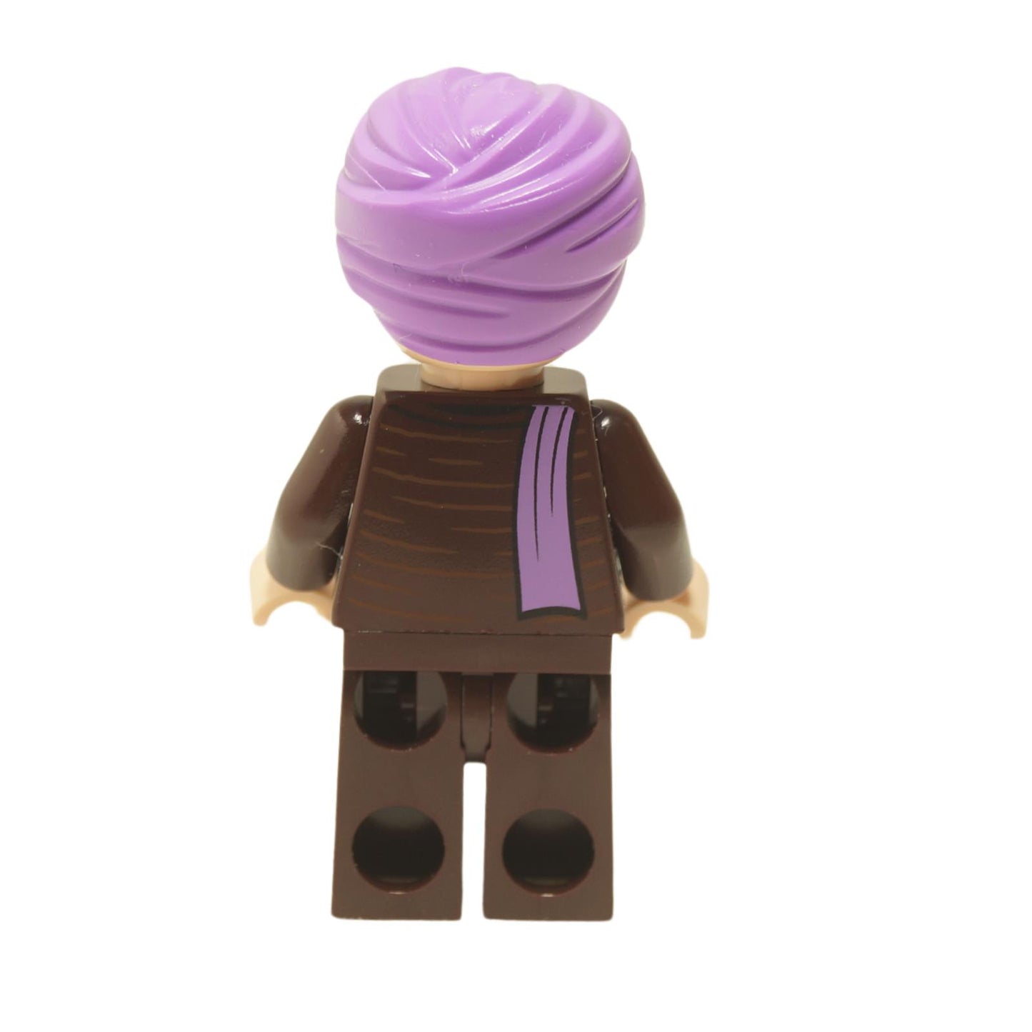 Back view of Professor Quirinus Quirrell minifigure with dark brown robe print and medium lavender turban