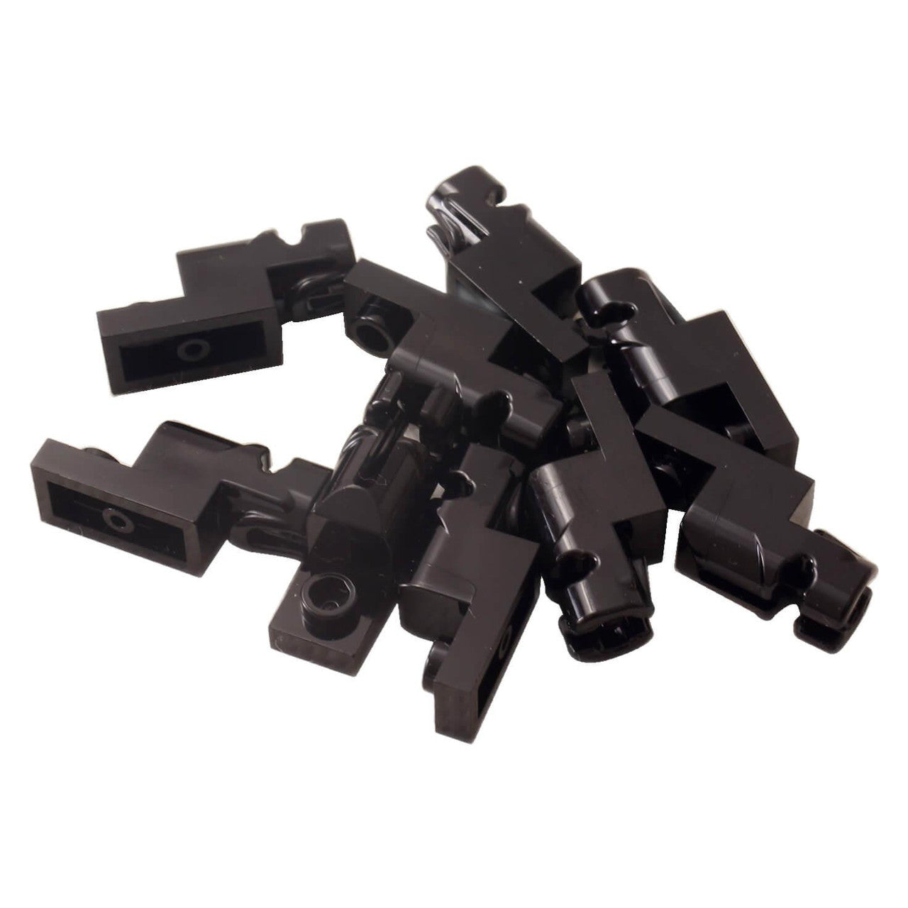 A pile of black LEGO Projectile Launcher 15403 pieces.