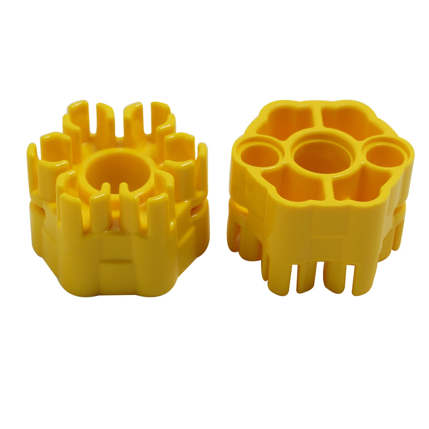 Yellow rapid shooter projectile launcher part with six angled barrels and rear connection point