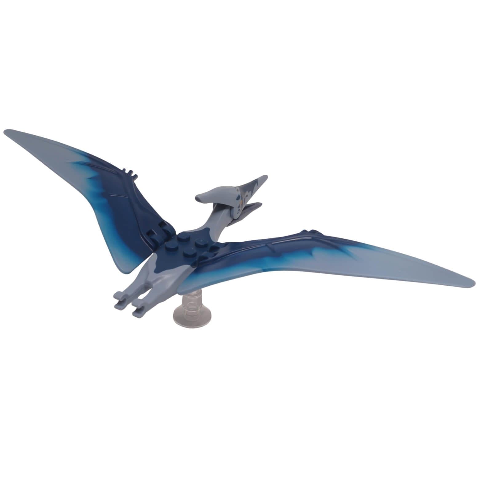 back view of LEGO Pteranodon dinosaur figure with 4 back studs, dark blue forehead, and light bluish gray wings (Part ptera07).