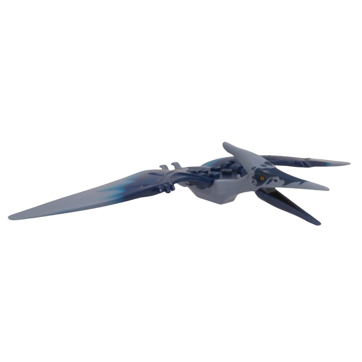 front view LEGO Pteranodon dinosaur figure with 4 back studs, dark blue forehead, and light bluish gray wings (Part ptera07).