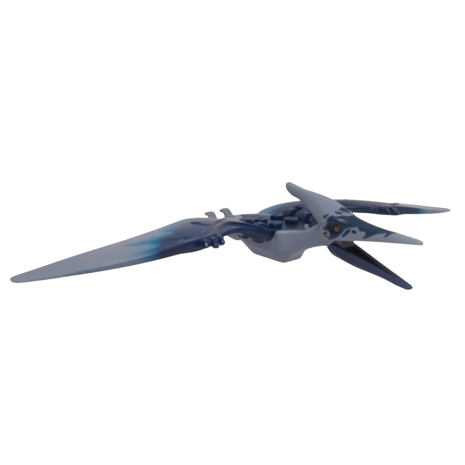 front view LEGO Pteranodon dinosaur figure with 4 back studs, dark blue forehead, and light bluish gray wings (Part ptera07).