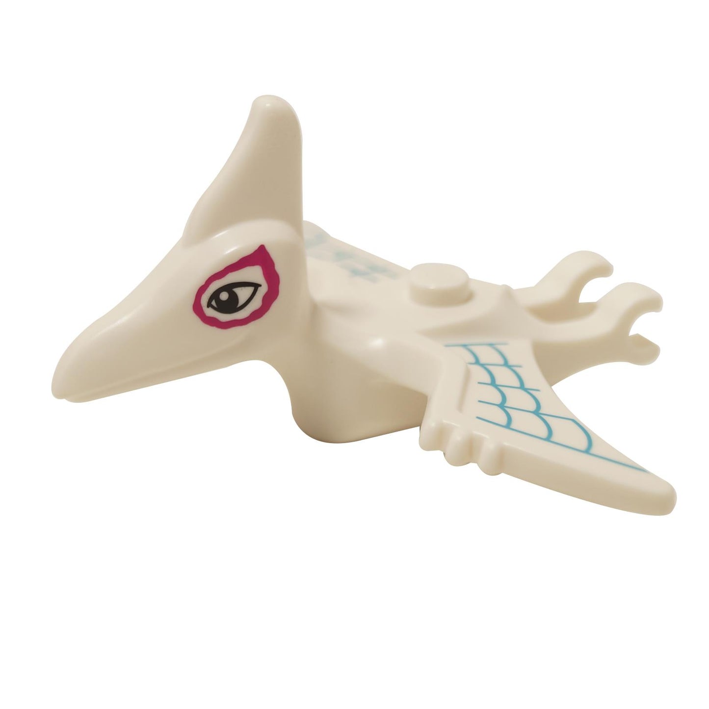 Pteranodon dinosaur figure with cream body, blue wing print and pink eye detail
