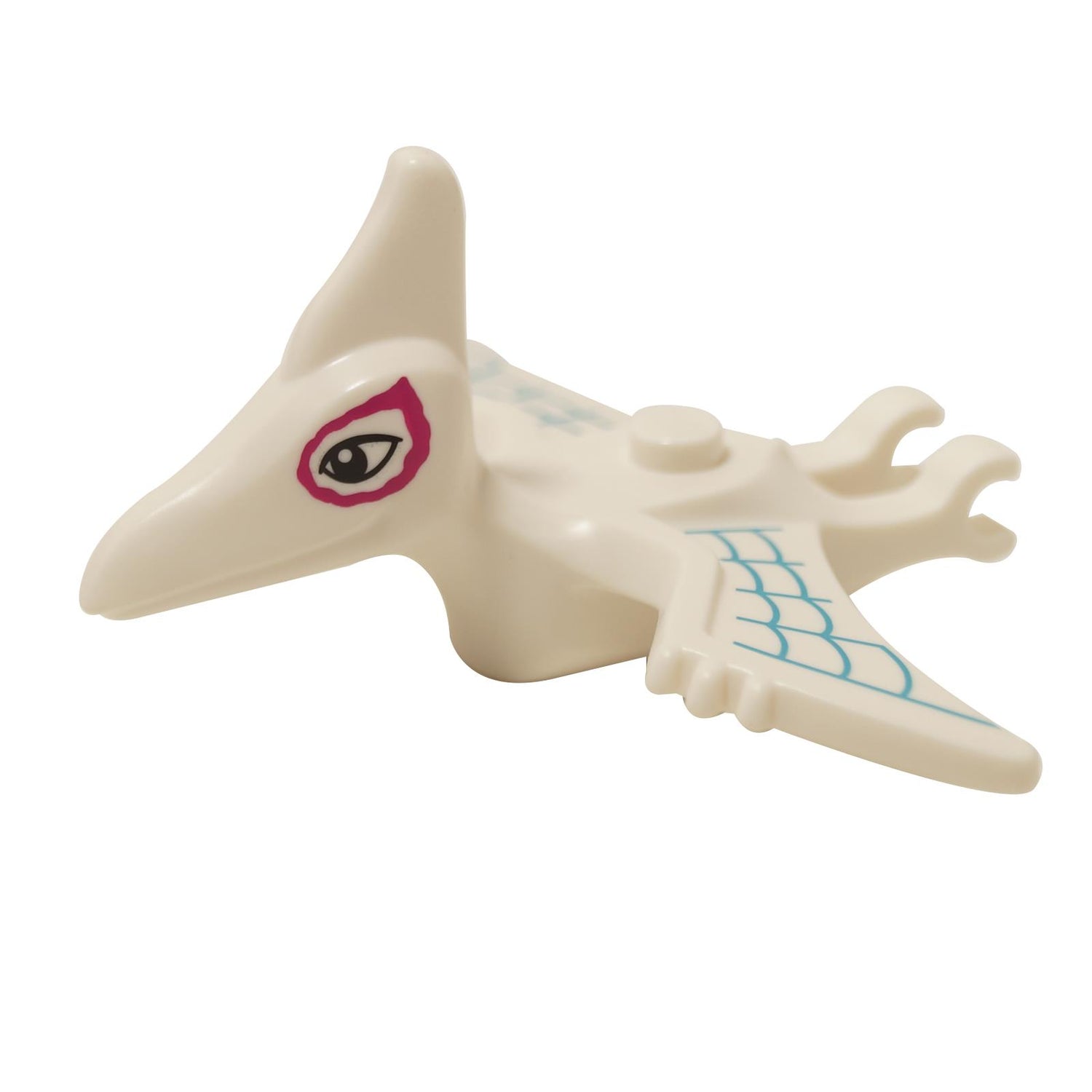 Pteranodon dinosaur figure with cream body, blue wing print and pink eye detail
