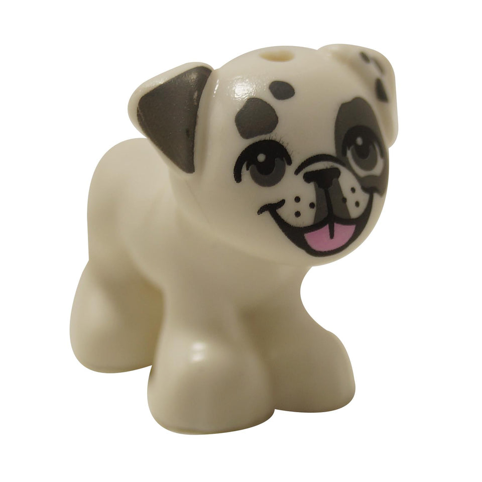 Pug dog figure with gray ears, spot markings, and pink tongue, shown from front angle
