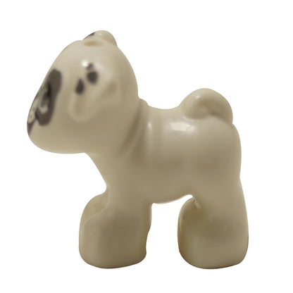 Pug dog figure with gray ears, spot markings, and pink tongue, shown from side angle
