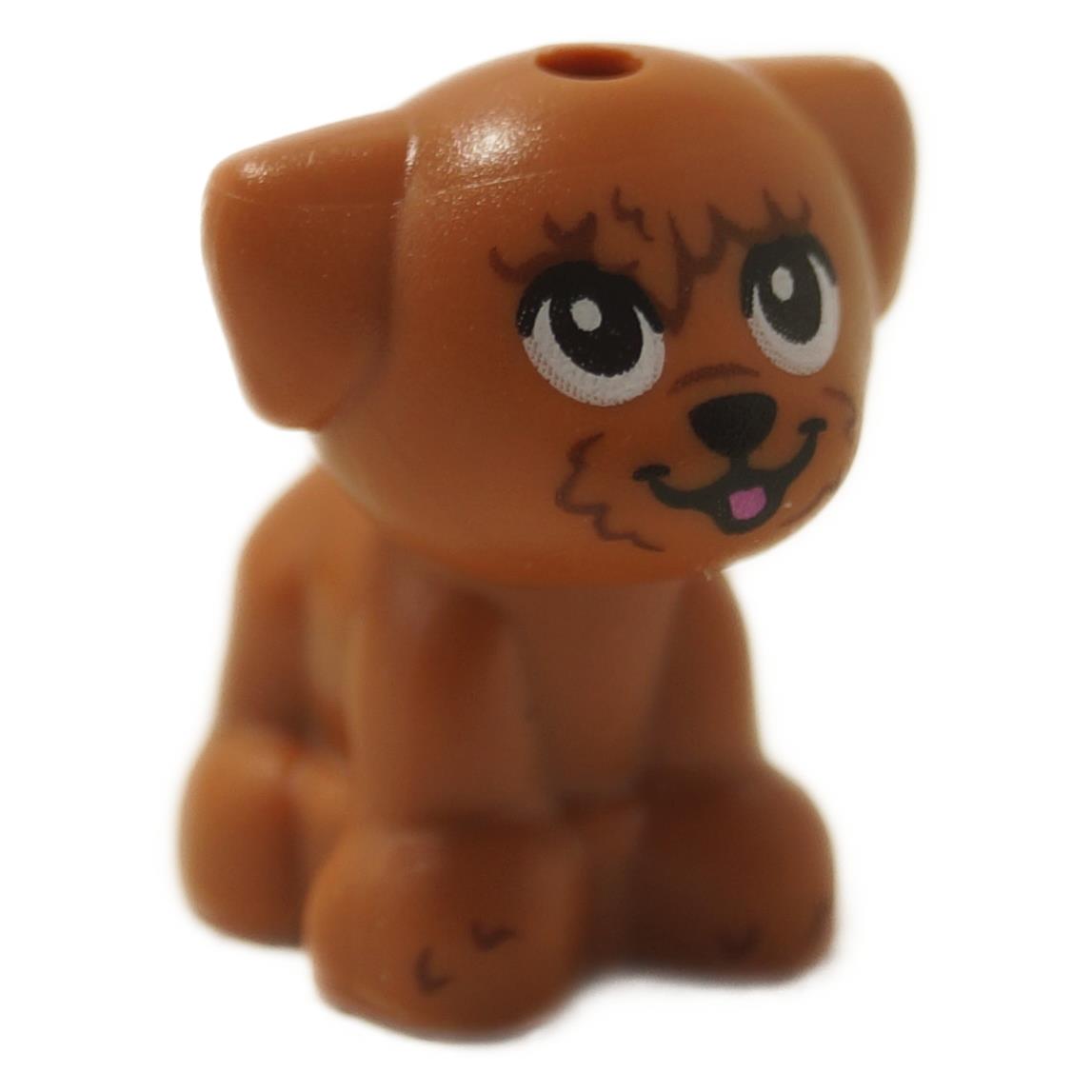 Puppy figure in reddish brown with hair detail and pink tongue, shown from front view

