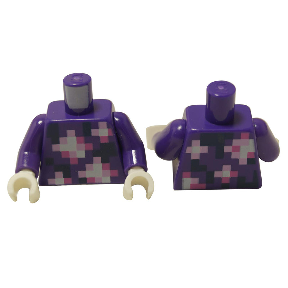 Purple minifigure torso with pixelated armor print in bright pink, dark blue, dark pink and white, front and back view
