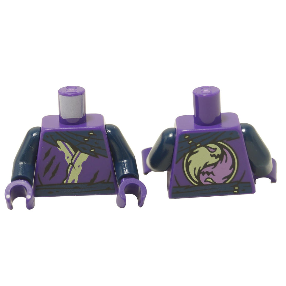 Purple minifigure torso with tunic print, yellowish green hem, dark blue scarf and ghost yin yang on back, front and back view

