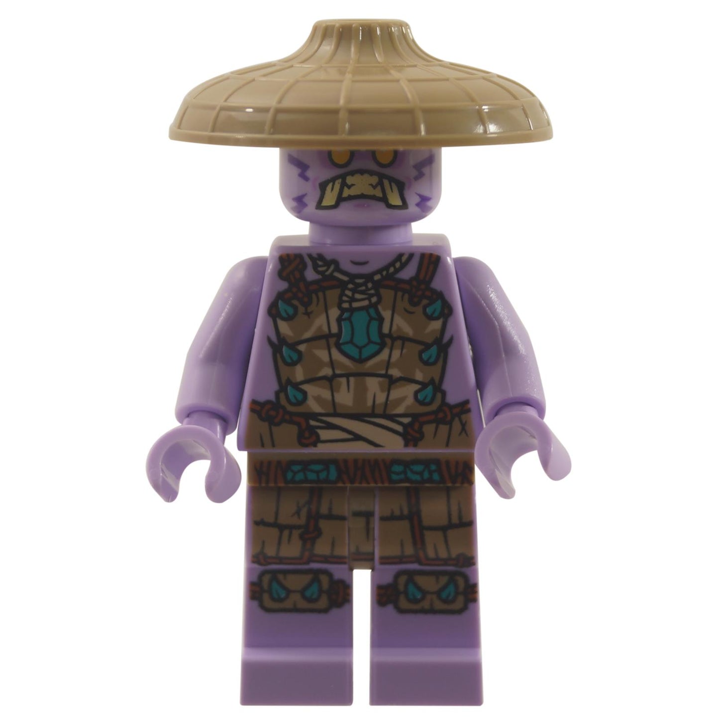 Purple Rumble Keeper minifigure with straw hat and detailed brown armor print

