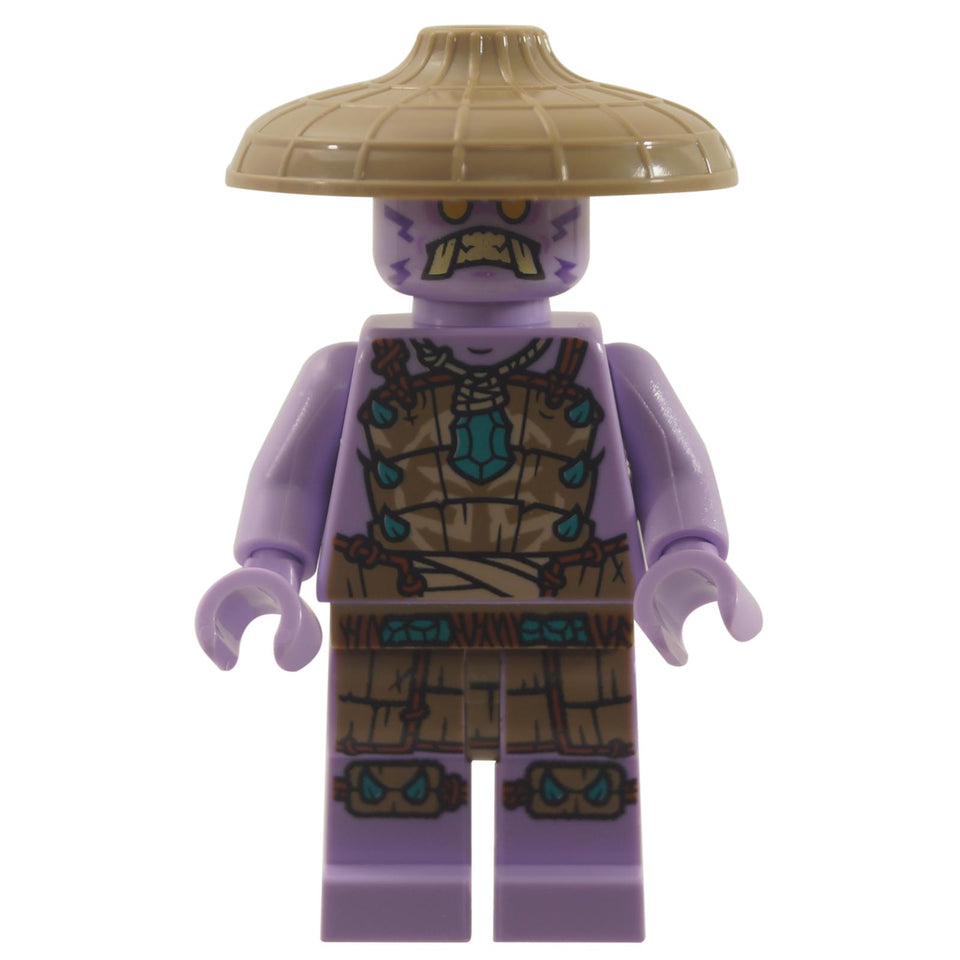 Purple Rumble Keeper minifigure with straw hat and detailed brown armor print
