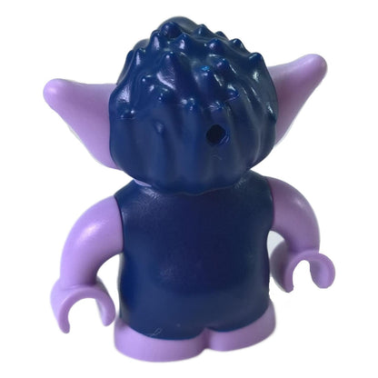 Back view of purple elf minidoll figure with dark blue spiky hair and pointed ears
