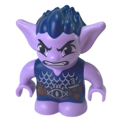 Purple elf minidoll figure with dark blue hair, pointed ears and printed blue outfit
