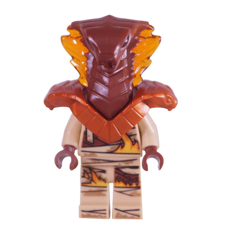 LEGO Ninjago Pyro Destroyer minifigure njo0529 with a reddish-brown snake helmet and fiery armor. Front view.