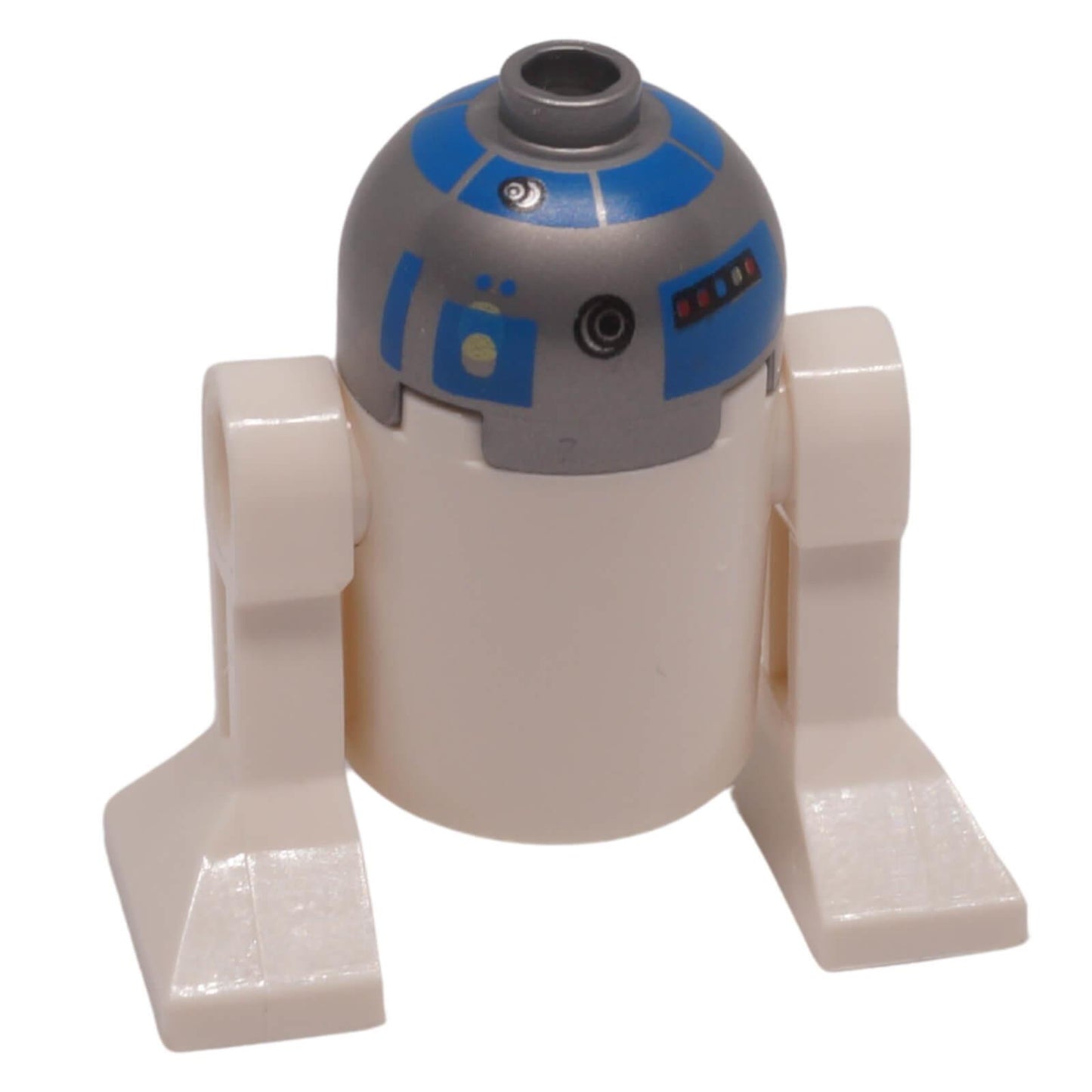 LEGO Star Wars R2-D2 astromech droid sw0512 with a flat silver dome head and blue/gray technical printing, back view.