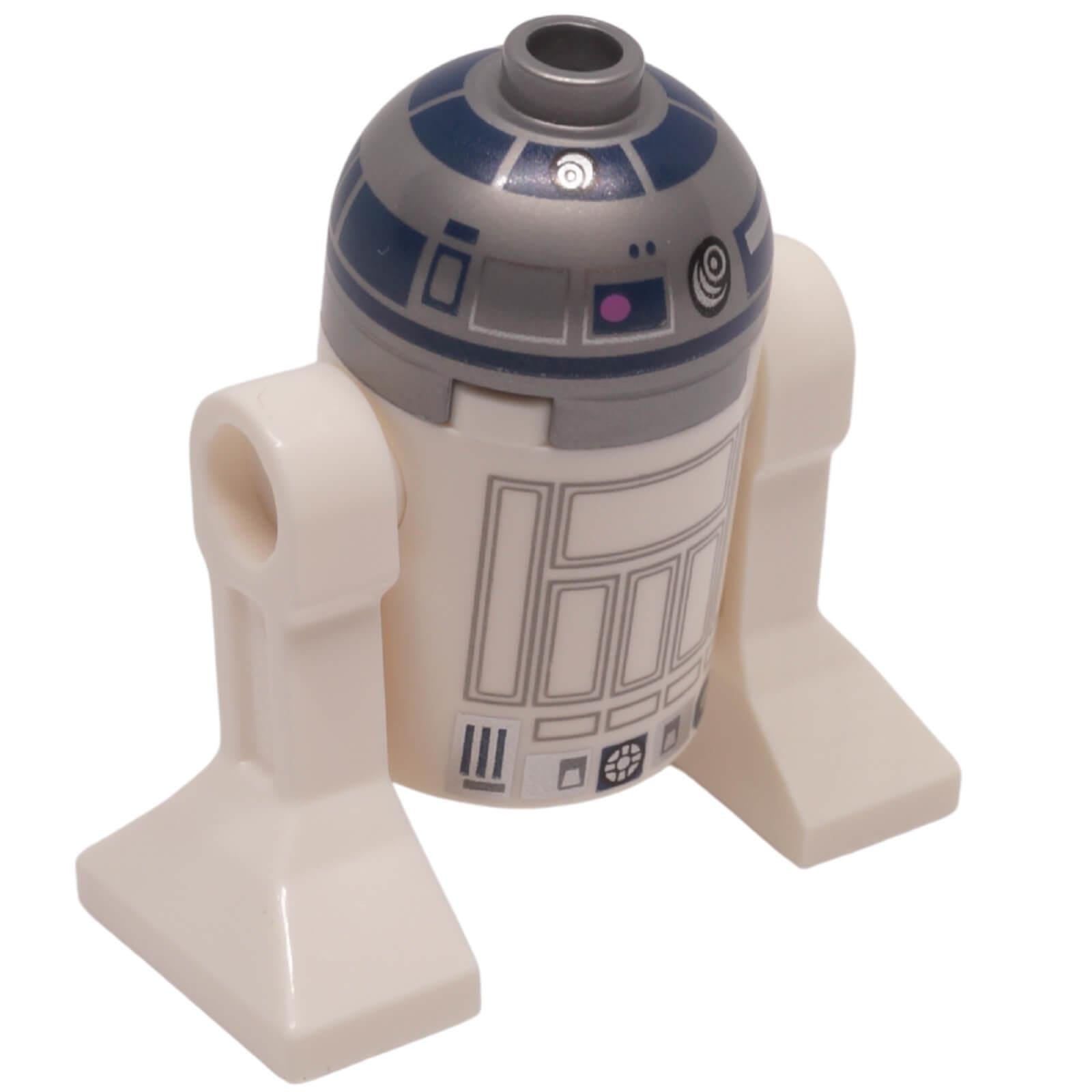 LEGO Star Wars R2-D2 astromech droid sw0512 with a flat silver dome head and blue/gray technical printing, side view.