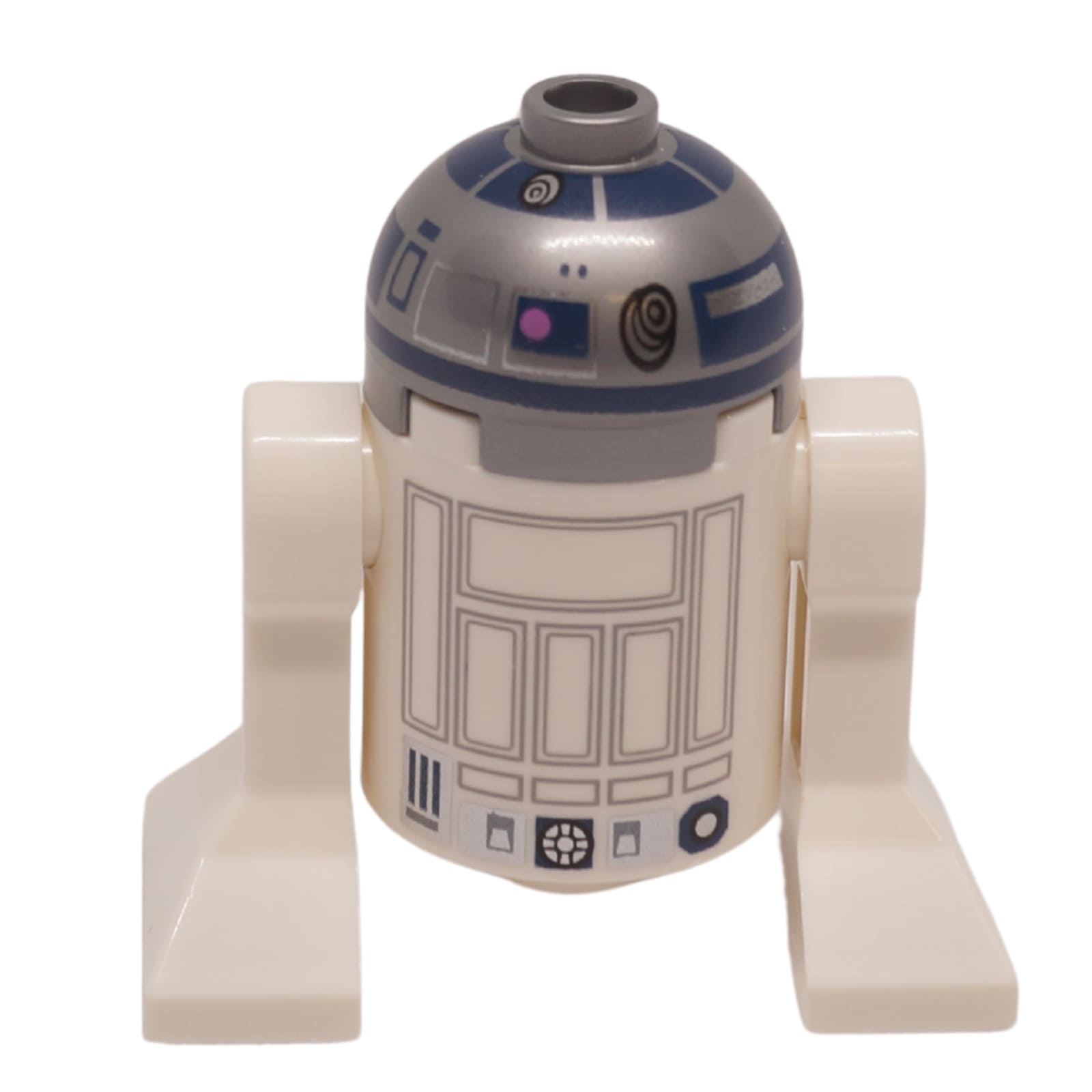 R2-D2 astromech droid minifigure back view showing flat silver head and rear panel printing
