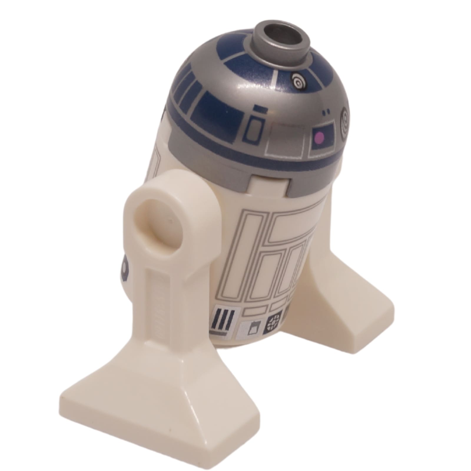 R2-D2 astromech droid minifigure angled front left view with flat silver head and lavender dot print
