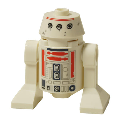 Minifigura de droide astromecánico R5-D4 de LEGO Star Wars vista frontal. El droide blanco tiene paneles rojos y una distintiva cabeza plana en forma de cono truncado.