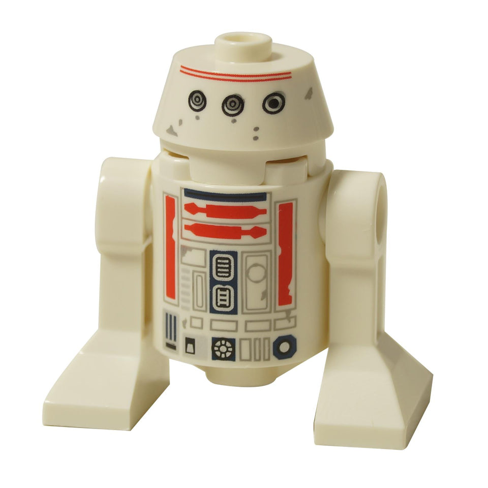 Minifigura de droide astromecánico R5-D4 de LEGO Star Wars vista frontal. El droide blanco tiene paneles rojos y una distintiva cabeza plana en forma de cono truncado.