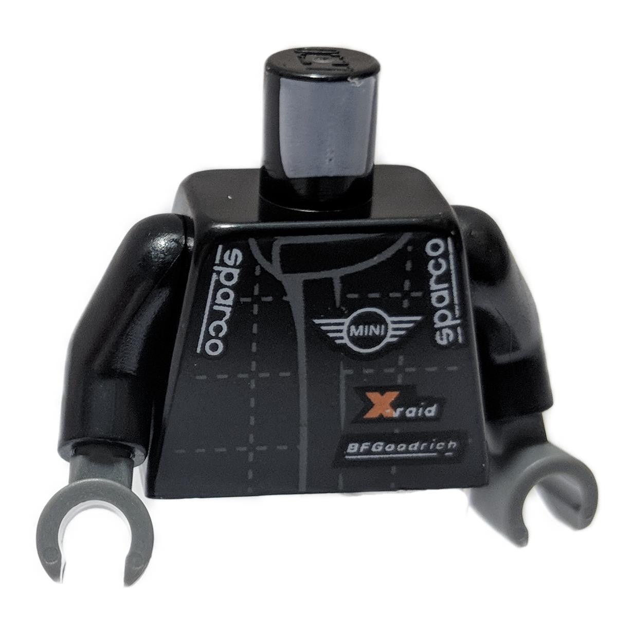  Torso de LEGO Negro con diseño de monos de carrera con líneas de costura grises, MINI Cooper, Sparco, X-raid y logotipos de BFGoodrich 