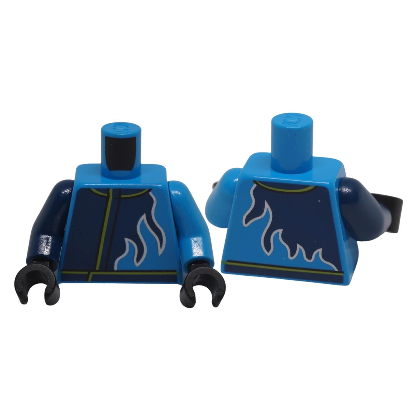 LEGO minifigure racing jacket torso 973pb5569c01 with Dark Blue flames and Lime trim shown front and back
