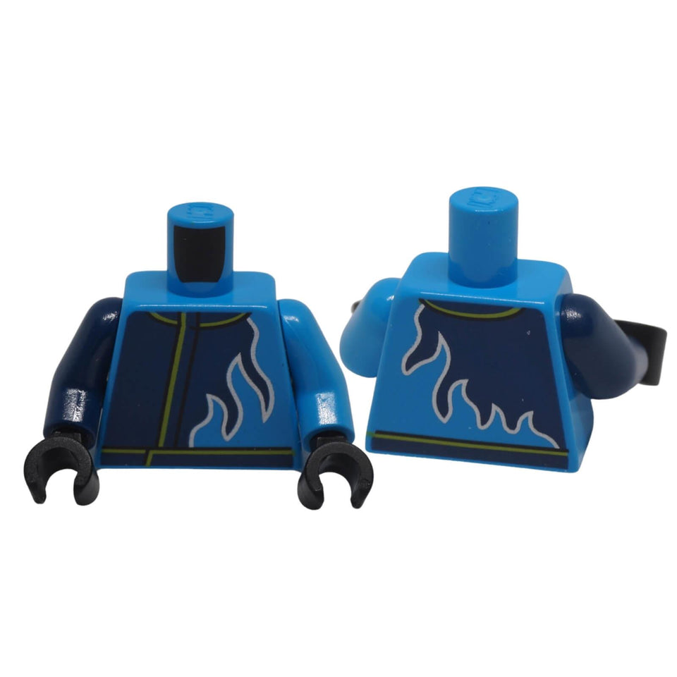 LEGO minifigure racing jacket torso 973pb5569c01 with Dark Blue flames and Lime trim shown front and back
