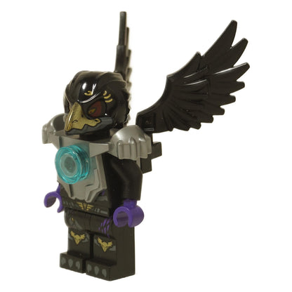 LEGO Legends of Chima Raven Tribe minifigure, Razcal (loc034), wearing heavy silver armor with a CHI orb, black wings, and a black raven helmet with a gold beak.