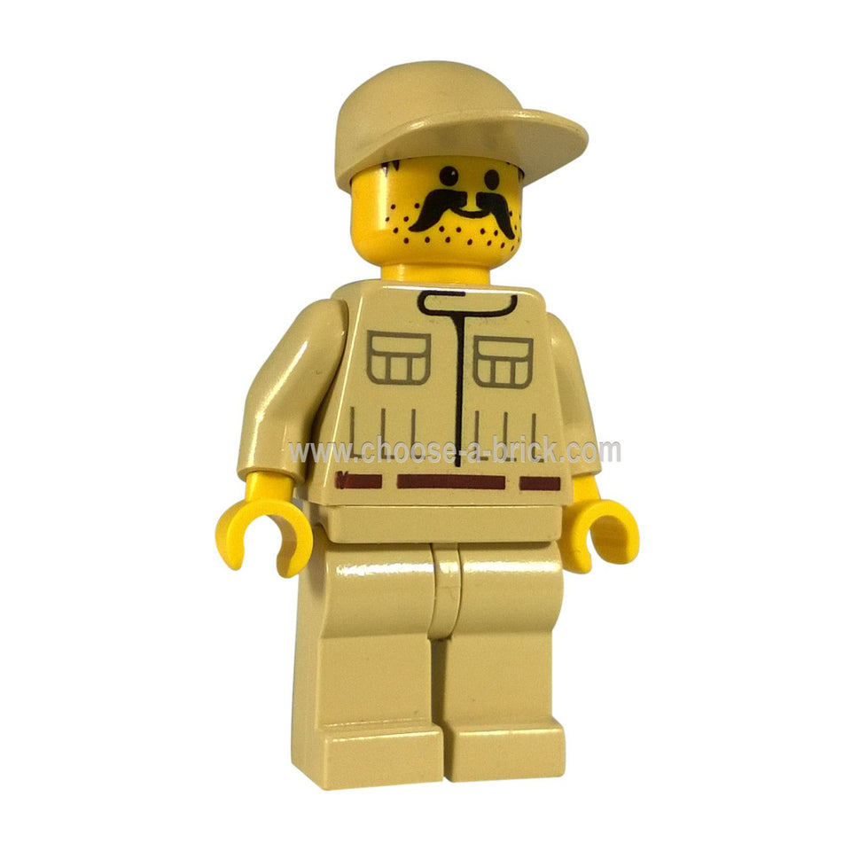 A LEGO® Star Wars™ Rebel Engineer minifigure with a yellow head featuring a black mustache and freckles, wearing a tan cap, a tan torso with printed pockets and details, tan arms, yellow hands, and tan legs, standing against a white background.